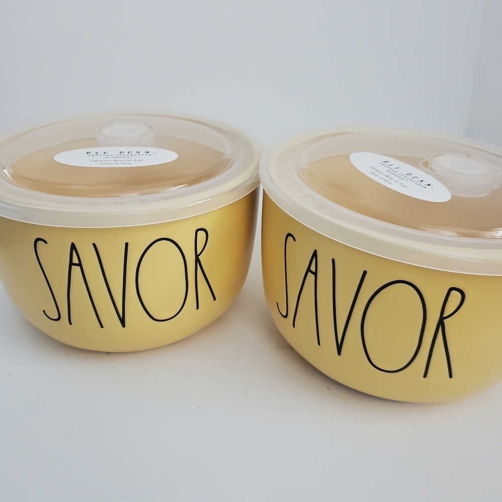 Rae Dunn SAVOR Yellow Ceramic Bowl With Lid